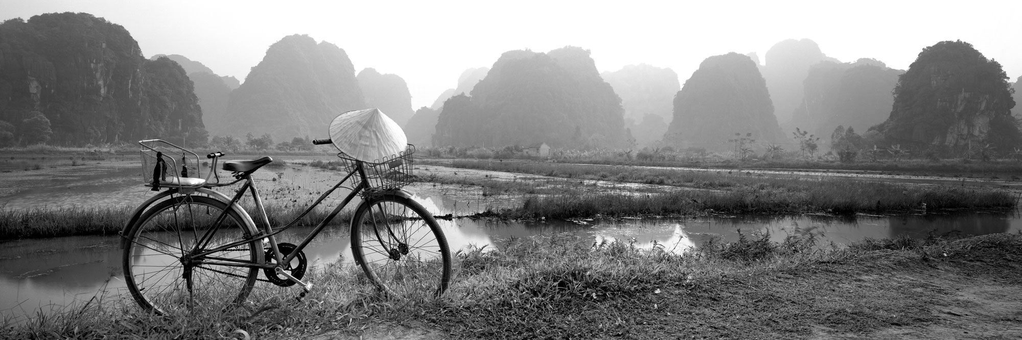 Panorama of Rice Paddies in Tam Coc Vietnam Black and white