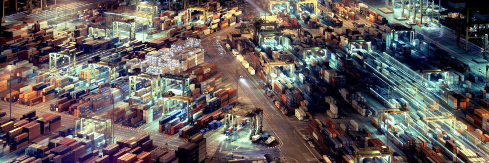 Shipping docks lit up at night