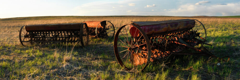 Farming harvesters in a field