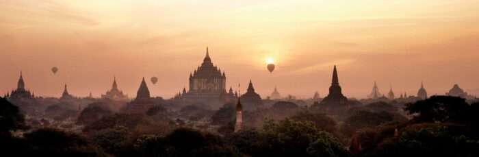 Silhouette of Temples in bagan at surnise in Myanmar