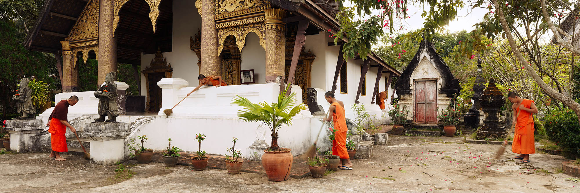 Monks sweeping the temple