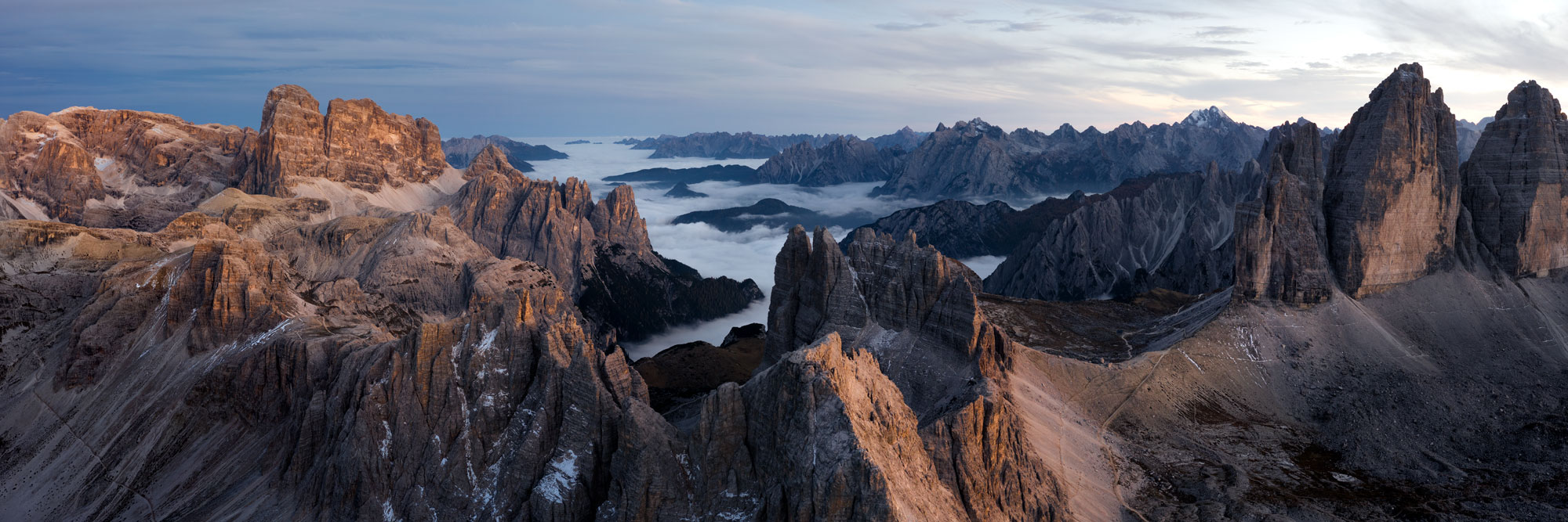 An aerial of the peaks of the Italian Dolomites