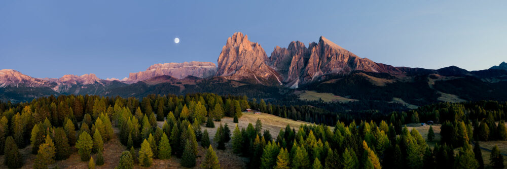 Aerial panorama of the Seiser Alm and alpe di suisi Alpine meadow in the Italian Dolomites