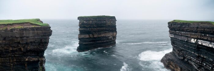 a panoramic print of the dun Briste sea Stac in ireland