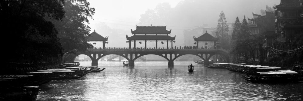 black and white panoramic print of Pheonix old town in china