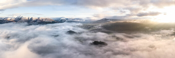Arial panorama above the clouds in Keswick in the Lake District
