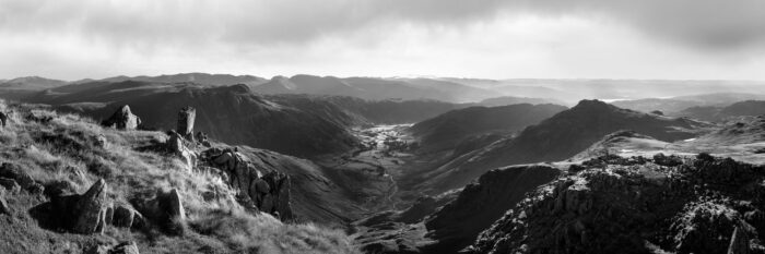 A black and white panoramic print from the crinkle crags