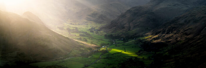 Panorama of a Lake District valley from a mountain top