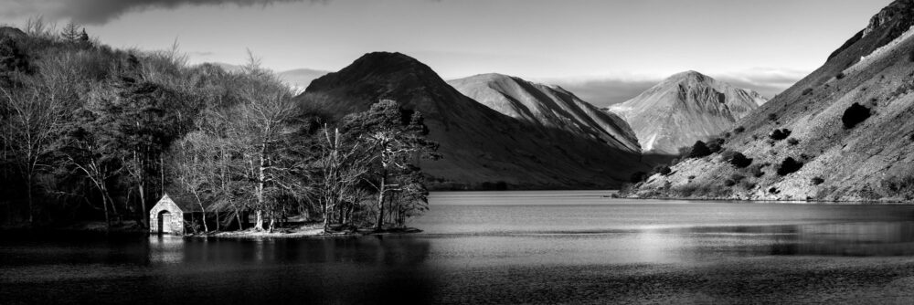 Wastwater lake boat houseb&w print