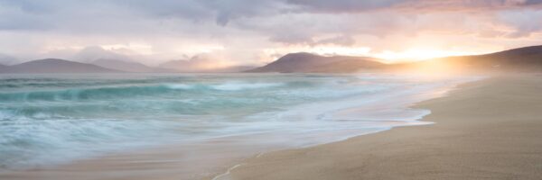 white sand beach at sunrise in the outer Hebrides