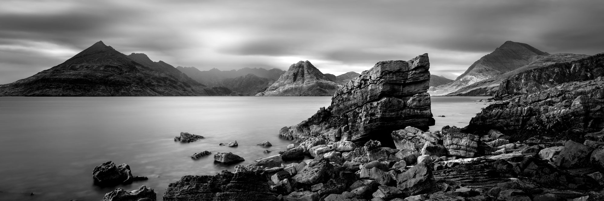 black and white print the rocky isle of Skye coast in Elgol