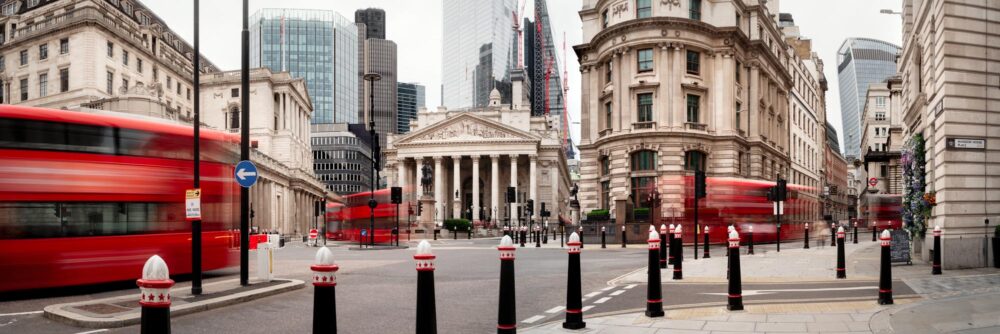 London street scene with red buses