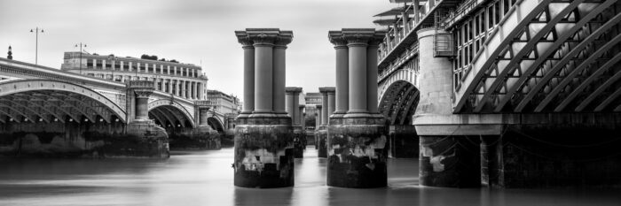 b&w panorama of the pillars of the old Blackfriars railway bridge