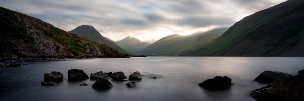 Panorama of Sunrise on Wastwater lake in the Lake District