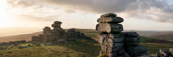 Panorama of the Great Staple tor in Dartmoor national park at sunset in Devon