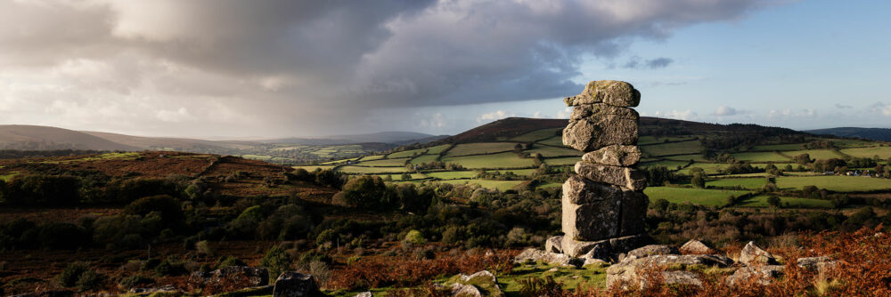 Panorama of the Bowerman's nose tor in Dartmoor national park Devon