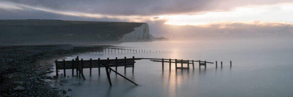 Panorama of Cuckmere haven and the seven sisters white chalk cliffs in Sussex England