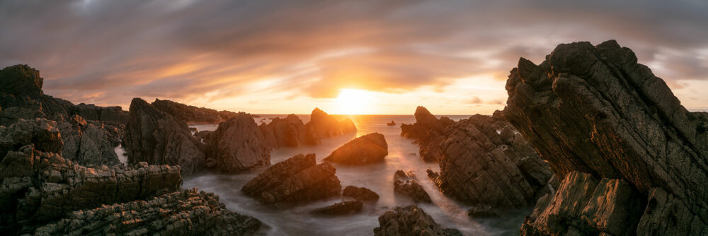 Panorama of the dramatic coast of Devon in Hartland Quay