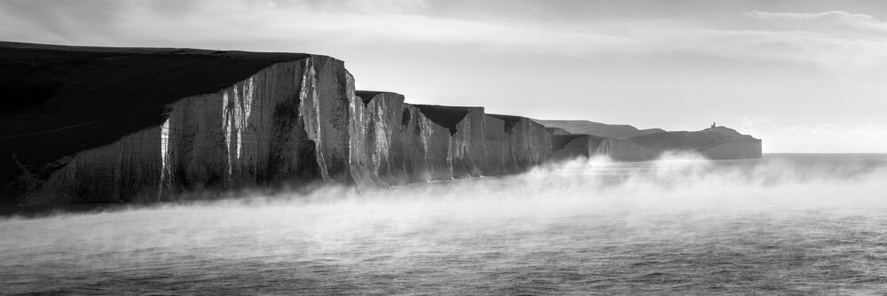 panorama of the seven sisters white chalk cliffs england