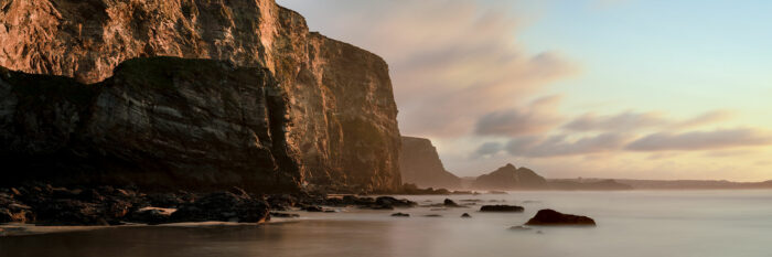 Panorama of Watergate bay at sunset in Cornwall
