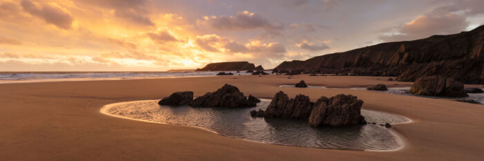 Panorama of Marloes sands beach at sunset