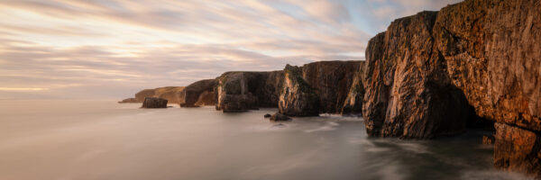 Panorama of the Pembrokeshire Cliffs at sunset at stack rocks and castlemartin