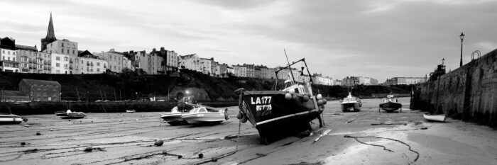 Black and white Tenby fishing harbour