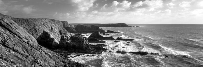 black and white panorama of the rocky Pembrokeshire coast