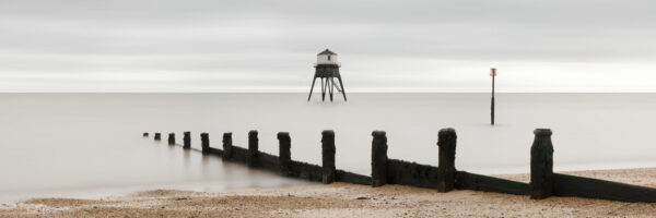 Panorama of Dovercourt beach and lighthouse in Essex east coast of England