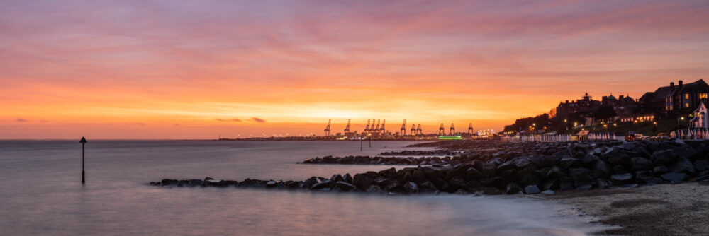 Panorama of Sunset at Felixstowe docks in Suffolk