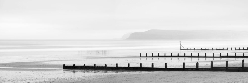 Panorama of Redcar beach in Yorkshire black and white