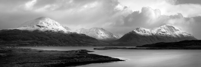 Panorama of Loch Torridon and Beinn Alligin and Liathach mountains in the Scottish highlands