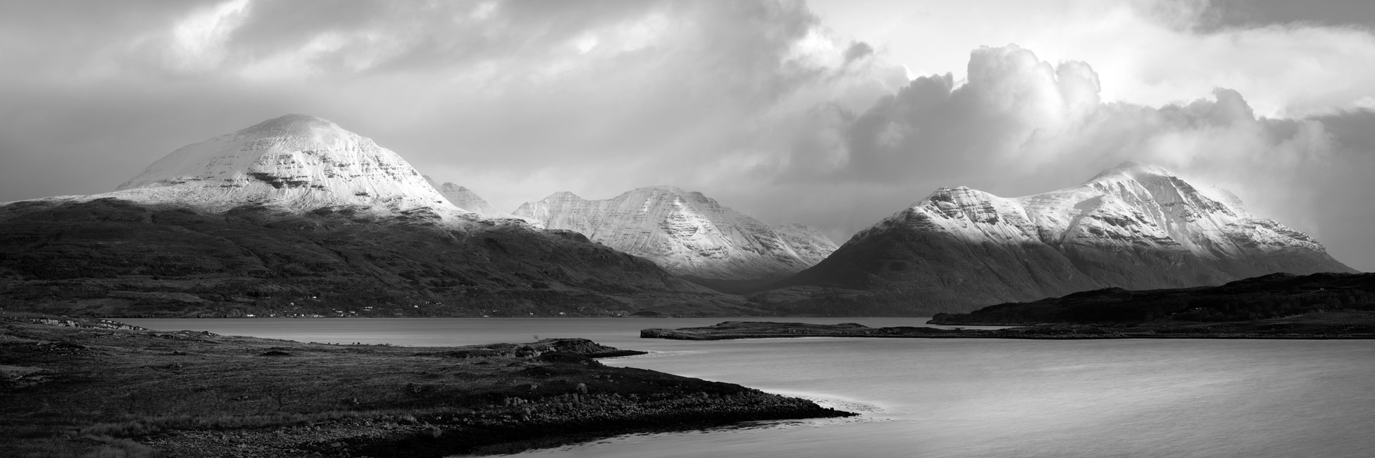 Panorama of Loch Torridon and Beinn Alligin and Liathach mountains in the Scottish highlands