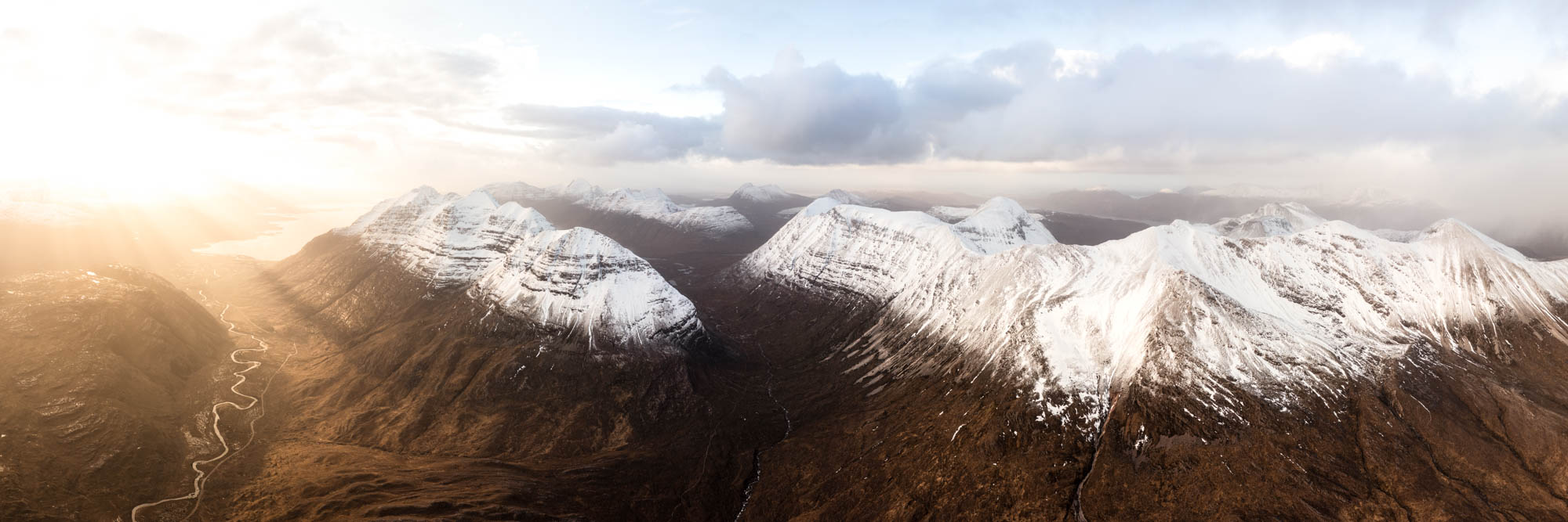 Aerial panorama of the Torridon mountains Beinn Eighe and Liathach and Spidean a' Choire Lèith
