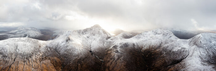 Aerial Panorama of the Black Cuillin mountains on the Isle of Skye in winter