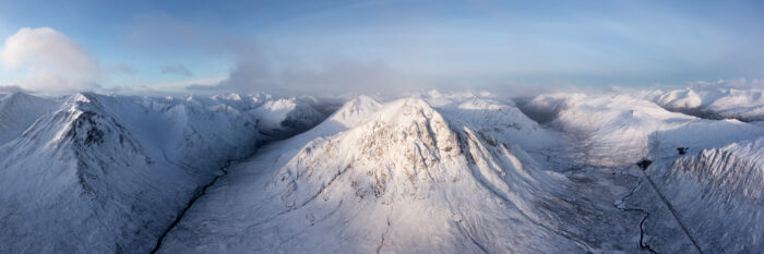 Panorama of the Mountains in Glencoe covered in snow in winter