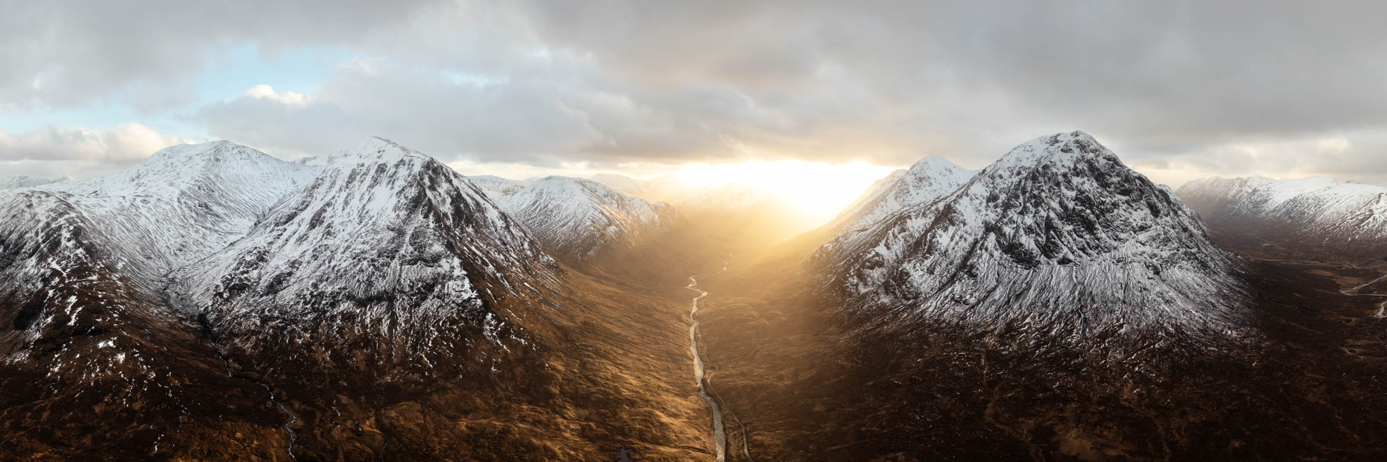 Panorama of the sky fall movie road Glen Etive in the Scottish highlands
