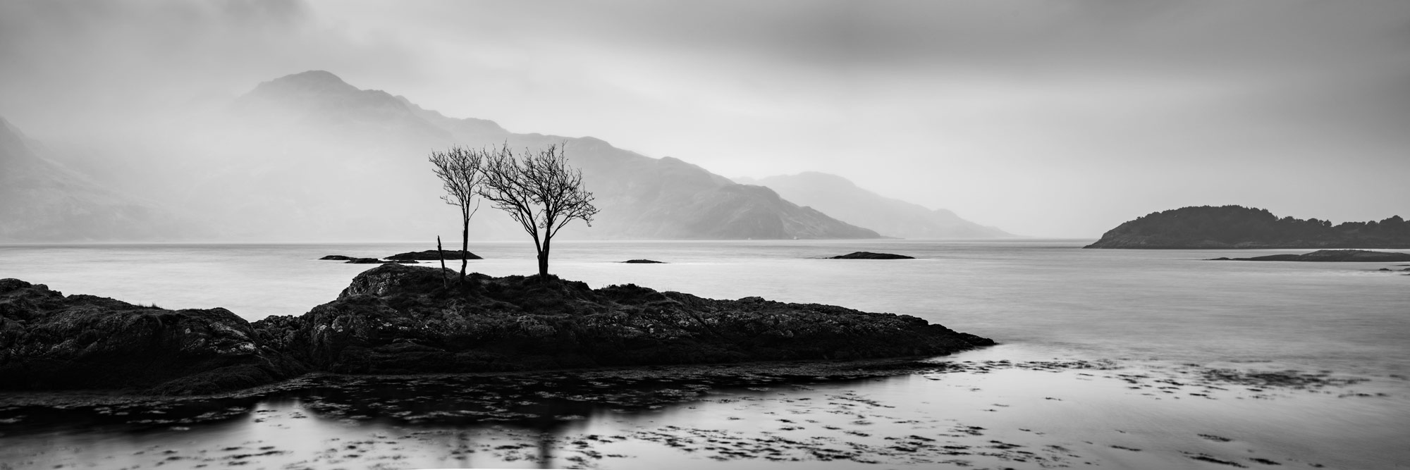 monochrome panorama of Loch Hourn in the Scottish highlands