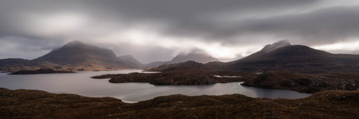 Panorama of Loch Sionascaig, Stac Polliadh Cul Mor mountains in the Scottish highlands