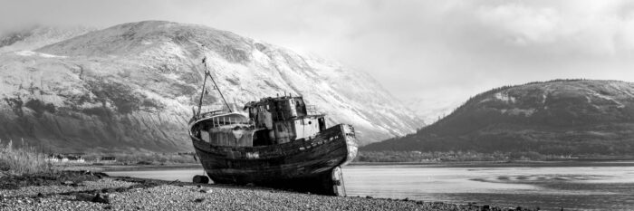 Panoramic framed print of the Old boat of Caol Shipwreck at Ben Nevis and Loch Eil in Scotland