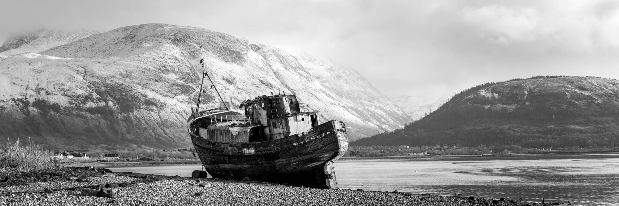 Panoramic framed print of the Old boat of Caol Shipwreck at Ben Nevis and Loch Eil in Scotland
