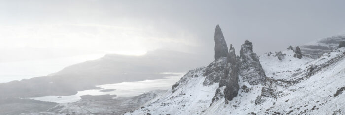 Panorama of the old man of Storr covered in snow in winter