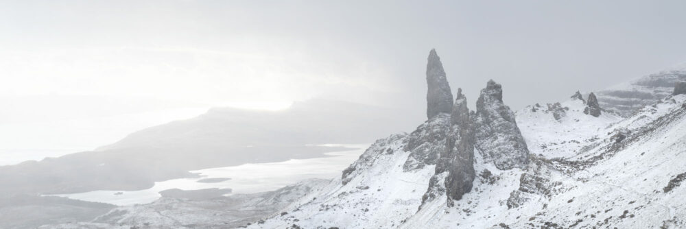 Panorama of the old man of Storr covered in snow in winter