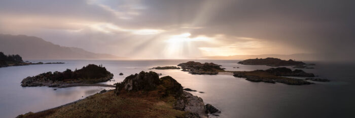 Panorama of the Sandaig islands in the sound of sleet and Loch Hourn Scotland