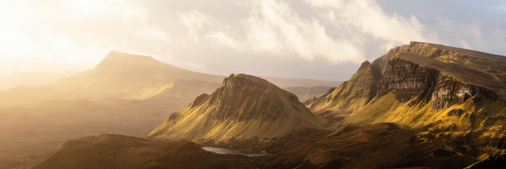 Panoramic Framed Print of the Trotternish Ridge at the Quiraing on the Isle of Skye in Scotland