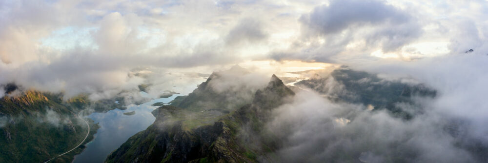 Aerial panorama of Møysalen National Park lost in the clouds in the Vesterålen islands Norway