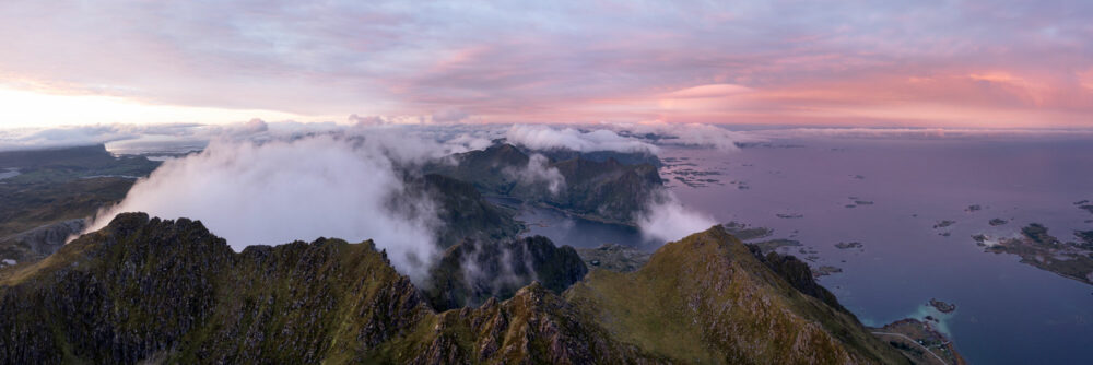 Aerial Panorama of Justadtinden mountain at sunset on the island of Vestvagoya