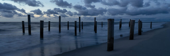 Panorama of Palendorp Petten beach in The Netherlands at sunset