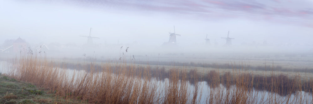 Panorama of the Zaanse Schans Windmills on a misty morning in The Netherlands