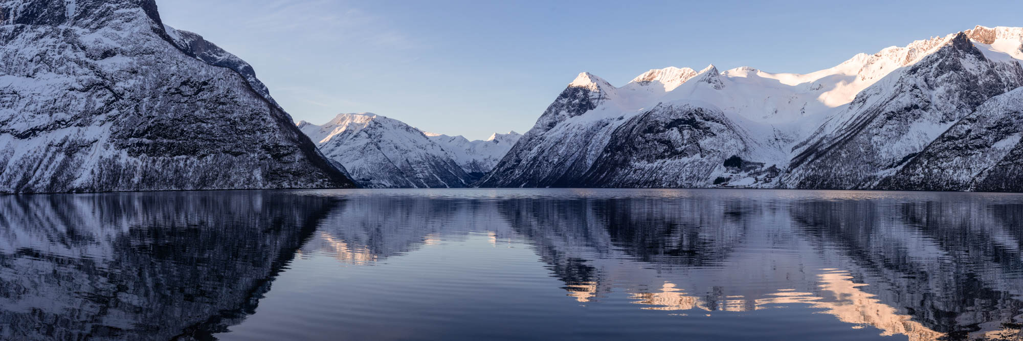 Panorama of Hjørundfjord Fjord in Winter in Norway